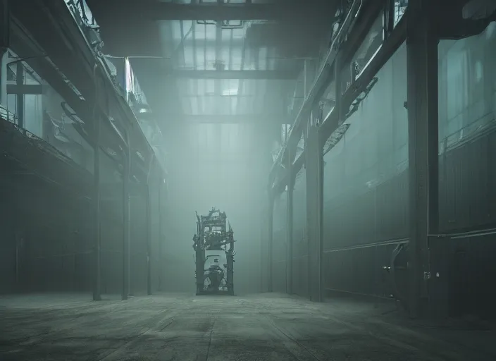 Image similar to enormous machine standing alone in a factory, green ambient light, light fog, creepy, cinematic still, 4k,