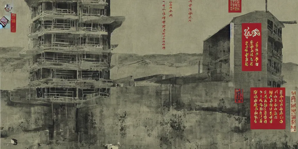 Image similar to a chinese prison near a river by peter doig, overlaid with chinese adverts