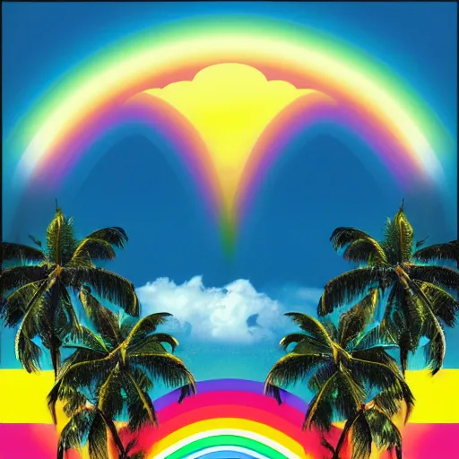 Image similar to miracle musical Hawaii part ii album cover, showing an ocean in the background, spiral transparent stairs on the left with tall palm trees behind it, a slight rainbow in the background, white outline border, moon in the right top area black and white except for the rainbow album cover