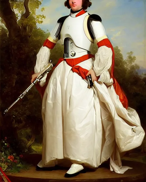 Prompt: a beautiful full body portrait of a young and beautiful stormtrooper in a lavish court dress, art by franz xaver winterhalter, highly detailed, elegant, jewlery, romanticism, rococo, neoclassicism, 1 8 5 0 s style painting, oil on canvas, vivid