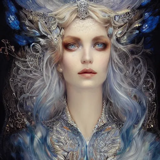 Image similar to a beautiful woman wearing a white dress made of silver with jewelry and diamonds by karol bak, ayami kojima, arabian blue eyes, concept art, fantasy