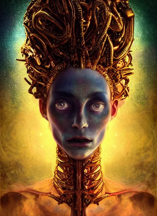 Prompt: vivid portrait of menacing, anxious, agitated yet stunningly beautiful biomechanical djinn the unwilling god of creation overseeing the iridescent fabric of the universe, by charlie bowater, mandy jurgens, gustav klimt, octane render, dramatic camera angle, 4k, 8k, high detail, HDR, by tom bagshaw, powerful, with inspiration from Beksinski, inspired by greek goddess Athena