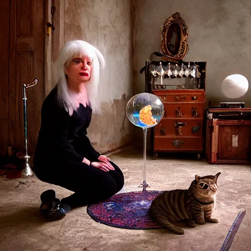 Image similar to full body protrait beautifull witch with white hair in old room. A cristal ball on a wood table with a potions and old instruments. A cat on the floor licking his paw. photorealistic, profesional photo, by Steve McCurry