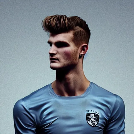 Image similar to a realistic detailed photo of a guy who is an attractive humanoid who is half robot and half humanoid, who is a male android, soccer players timo werner, shiny skin, posing like a statue, blank stare, in a factory, on display, showing off his muscles, gold soccer shorts, side view, looking at each other mindlessly