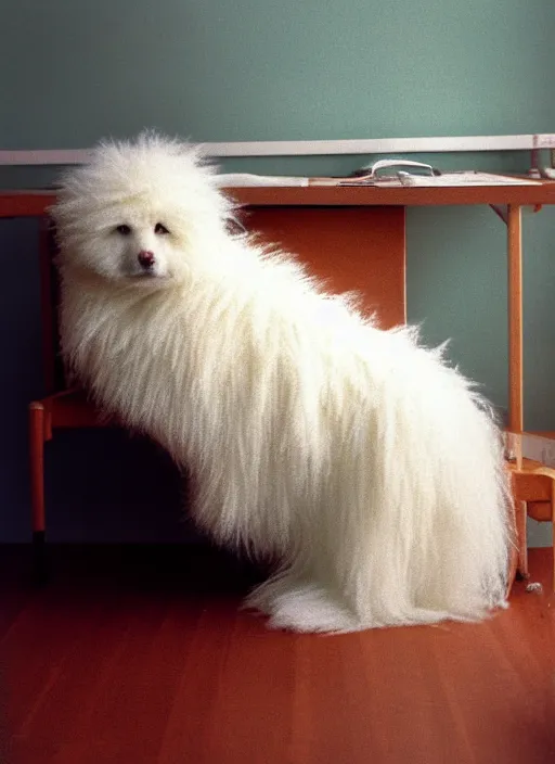 Image similar to realistic photo of a white fluffy hairy sweater, straight laying on a wooden desk 1 9 9 0, life magazine reportage photo, natural colors