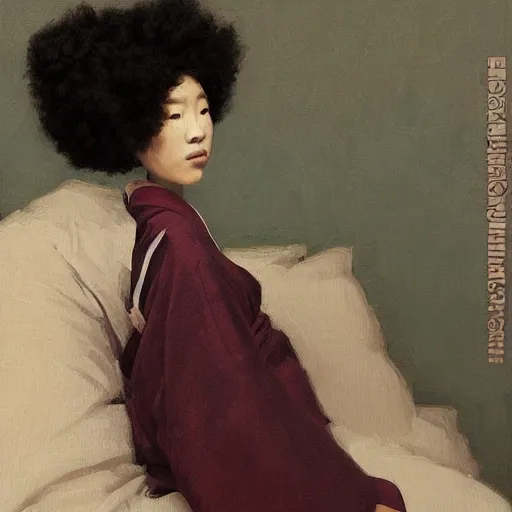 Image similar to girl with a samurai mask on, with afro, in kimono, frontview, sitting on edge of the bed, by jeremy lipking, tim rees, joseph todorovitch