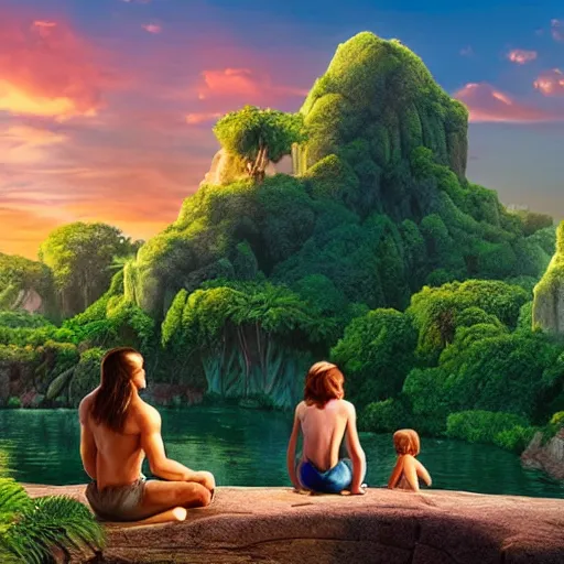 Image similar to Disney's Tarzan watching sunset with beautiful clouds