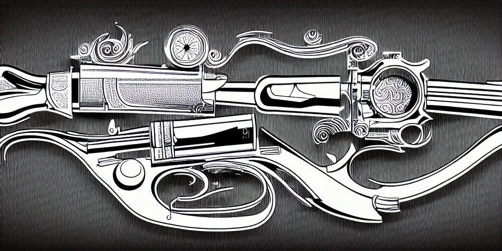 Image similar to schematic diagram illustration of a revolver, ultra detailed, 4 k, intricate, encyclopedia illustration, fine inking lines