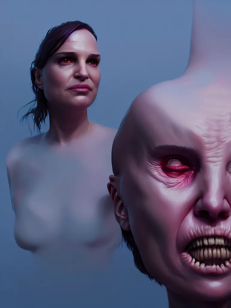 Image similar to hyperrealistic rendering, fat smooth john carpenter flesh monster natalie portman, artstation, volumetric lighting, octane render, sylvain sarrailh