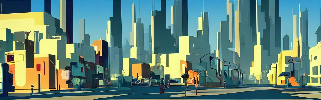 Image similar to sci - fi city street with faceted angular buildings, modernism, gouache, animated film, stylised, illustration, by eyvind earle, scott wills, genndy tartakovski, syd mead