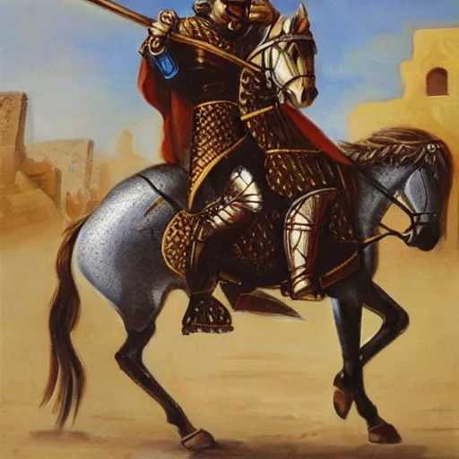 Prompt: a beautiful oil painting of a middle eastern knight in shining armor riding a horse