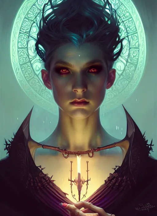 Image similar to Necromancer Sorceress, fantasy magic, undercut hairstyle, dark light night, intricate, elegant, sharp focus, illustration, highly detailed, digital painting, concept art, matte, art by WLOP and Artgerm and Greg Rutkowski and Alphonse Mucha, masterpiece