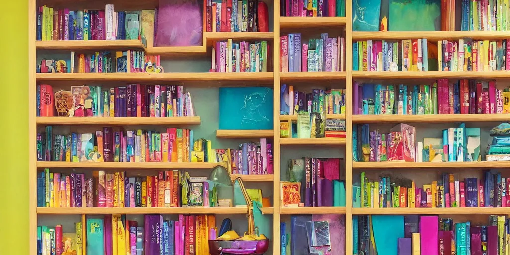 Prompt: a bookshelf full of colorful magic potions