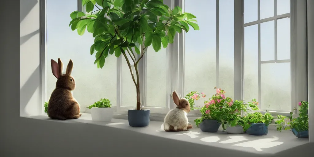 Image similar to beautiful peaceful dreamy painting of a content bunny sitting by a window and looking outside, sunshine coming through the window, small plants on the window sill, 8k, hyper realism, trending on artstation, octane render