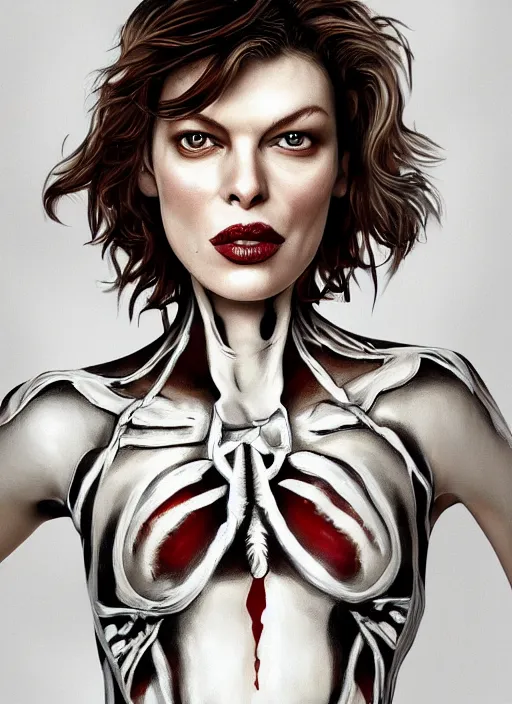 Prompt: mila jovovich wearing skeleton bodypaint and a crimson skirt, hyper realistic digital painting, hd, intricate, depth of field, soft lighting, elegant