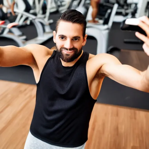 Image similar to rich young man, 3 2 years old, with short stubble, caramel - colored hair, muscles wrapped in polyester tank top, silver short leggings, taking selfie at camera in private gym