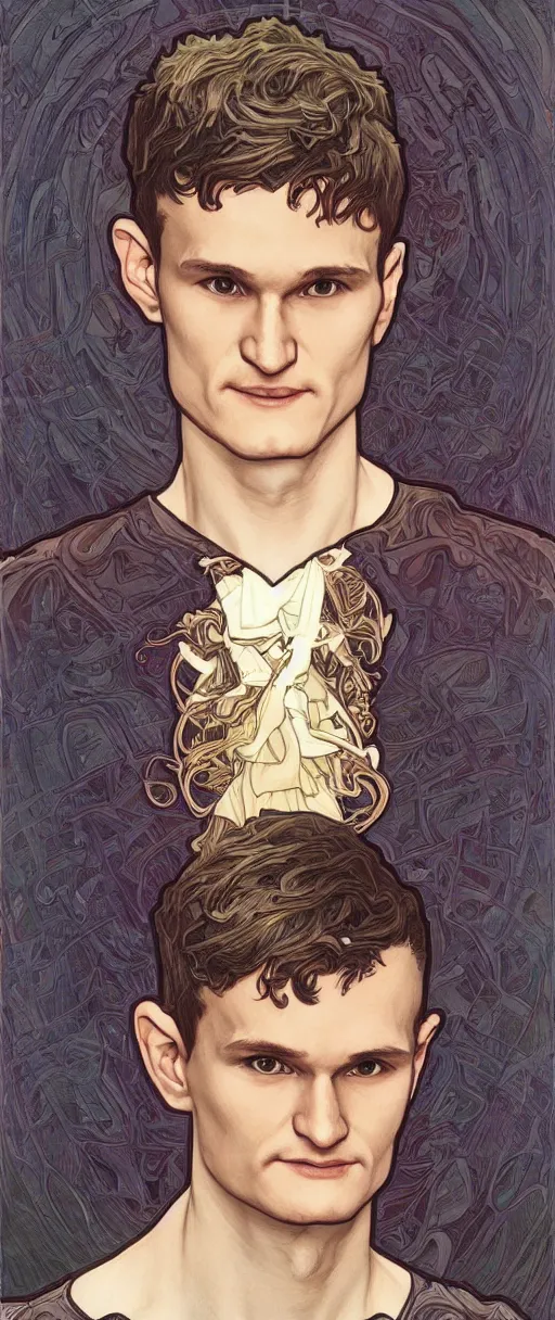 Image similar to vitalik buterin portrait, art by artgerm and greg rutkowski and alphonse mucha