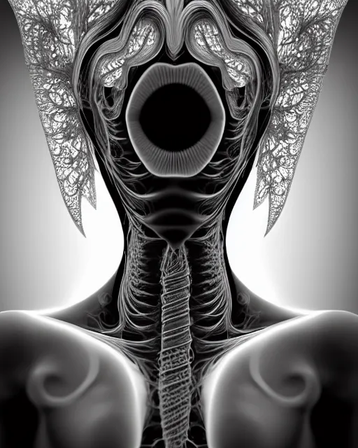 Image similar to a black and white 3D render of a beautiful portrait of a young female angelic-dragon-cyborg face with a very long neck, big clear eyes, thin nose, big lips, hair floating in the wind, 150 mm, flowers, Mandelbrot fractal, anatomical, flesh, facial muscles, veins, arteries, full frame, microscopic, elegant, highly detailed, flesh ornate, elegant, high fashion, rim light, ray trace, octane render in the style of H.R. Giger and Man Ray, Realistic, Refined, Digital Art, Highly Detailed, Cinematic Lighting, rim light, black and white, photo-realistic Unreal Engine, 8K