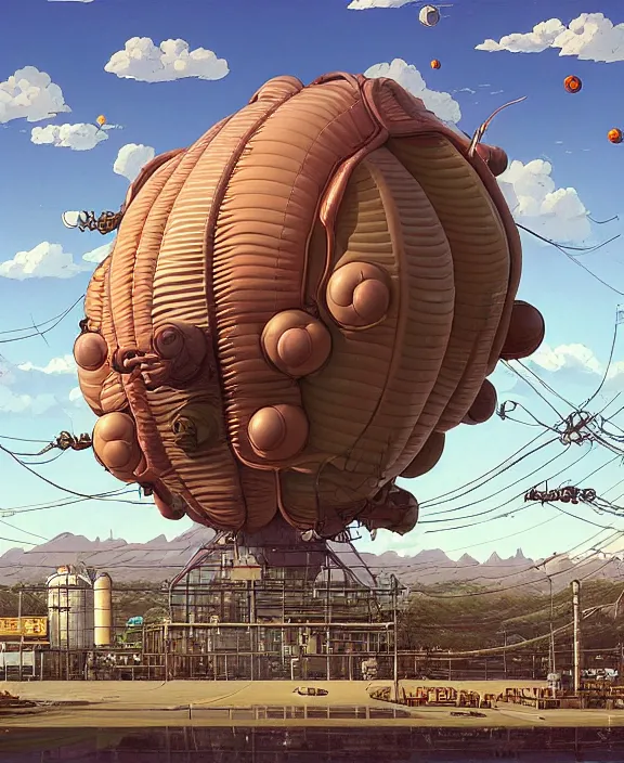 Image similar to inflated industrial plant made from obese isopod mollusk octopus, in the style of puffy spaceship, giant botany, partly cloudy, spooky, dramatic lighting, by geof darrow, bill sienkiewicz, dan mumford, yusuke murata, makoto shinkai, ross tran, cinematic, unreal engine, cel shaded, featured on artstation, pixiv