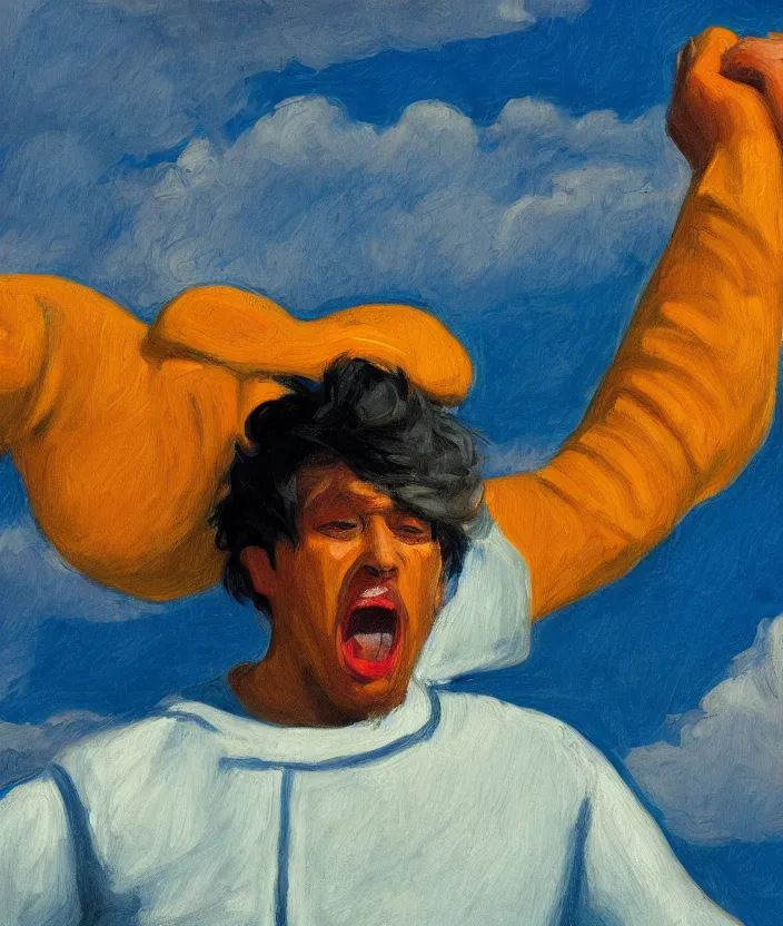 Prompt: a closeup portrait of a man in an orange prisoner overall, standing in beautiful sunflower field, screaming and sad, highly detailed, aesthetic clouds in the sky, in the style of edward hopper, very fine brush strokes, 4 k,