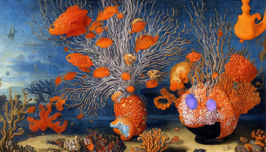 Image similar to bottle vase of coral under the sea decorated with a dense field of stylized scrolls that have opaque outlines enclosing mottled blue washes, with orange shells and purple fishes, Ambrosius Bosschaert the Elder, oil on canvas, hyperrealism, around the edges of there are no objects