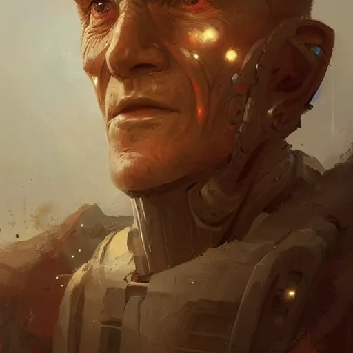 Prompt: a neolithic man, cybernetically enhanced, sci fi character portrait by greg rutkowski, craig mullins