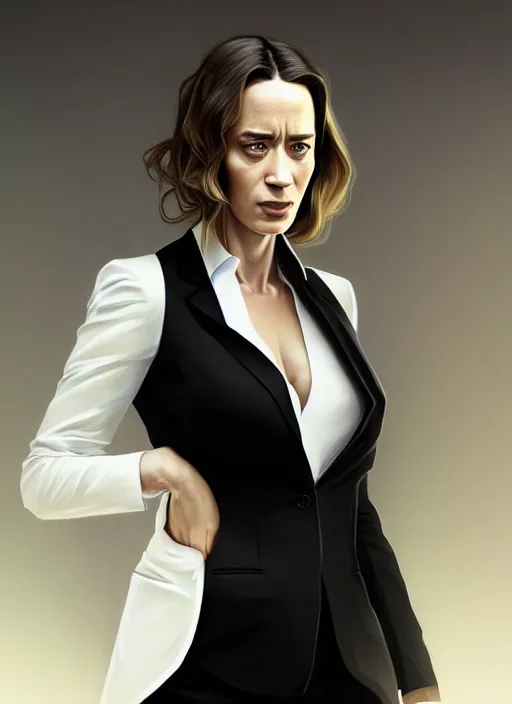 Image similar to portrait of emily blunt as business woman, black suit, white shirt, black tie, intricate, headshot, highly detailed, digital painting, artstation, concept art, sharp focus, cinematic lighting, illustration, art by artgerm and greg rutkowski, alphonse mucha, cgsociety