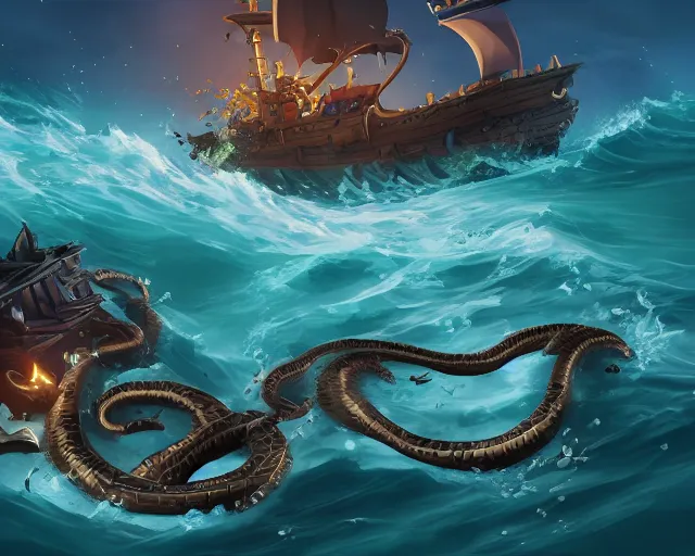 Image similar to sea of thieves animal boss character concept art for a gigantic sea serpent snake leviathan, cgsociety, trending on artstation, rare ltd,