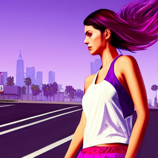 Image similar to a stunning GTA V loading screen with a beautiful woman with ombre hairstyle in purple and pink blowing in the wind, tanktop and skirt, city streets, digital art, trending on artstation