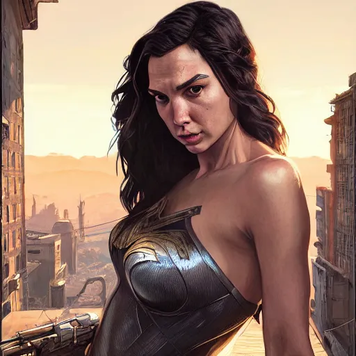 Image similar to highly detailed portrait, gal gadot, in gta v, stephen bliss, unreal engine, fantasy art by greg rutkowski, loish, rhads, ferdinand knab, makoto shinkai and lois van baarle, ilya kuvshinov, rossdraws, tom bagshaw, global illumination, radiant light, detailed and intricate environment