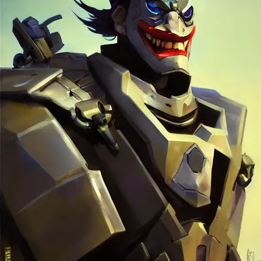 Image similar to greg manchess portrait painting of armored joker as overwatch character, medium shot, asymmetrical, profile picture, organic painting, sunny day, matte painting, bold shapes, hard edges, street art, trending on artstation, by huang guangjian and gil elvgren and sachin teng