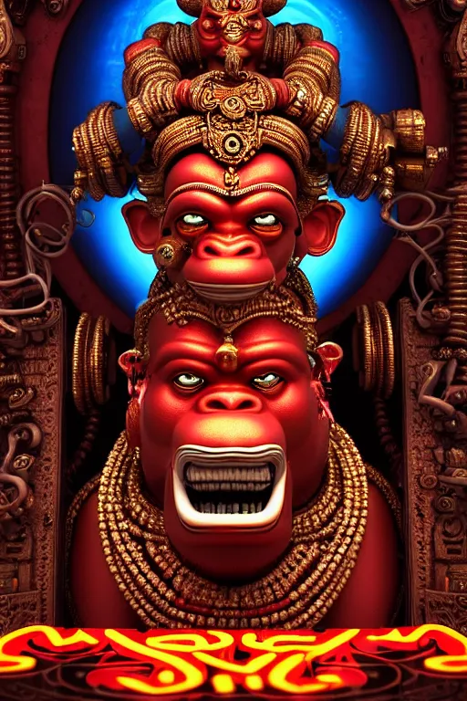 Image similar to high quality 3 d render post - rococo cyberpunk hanuman! head shri ram centre, neon madhubani, open mouth, highly detailed, in sci - fi new delhi, cinematic smooth unreal engine, lee madgwick & liam wong, dramatic light, long shot, low angle, uhd 8 k, sharp focus