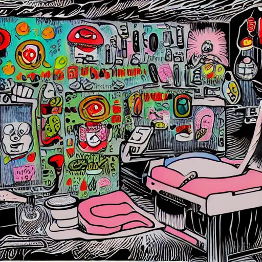 Prompt: surgery operating table, in the style of daniel johnston and outsider art, 8 k, line brush, overlaid with chinese adverts