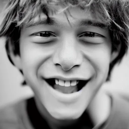 Image similar to a photo of a teenage boy smiling with his eyes hanging out from his eye sockets, nikon f 1 0 0 photography