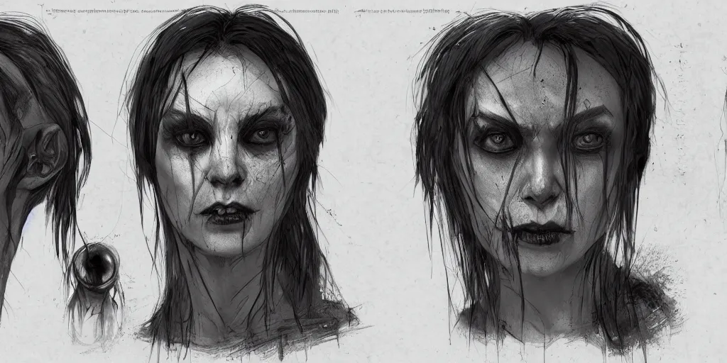 Image similar to gothic ghost character face detail designs, Greg Rutkowski, character sheet, kim jung gi, Darek Zabrocki, Karlkka, Jayison Devadas, Phuoc Quan, trending on Artstation, 8K, ultra wide angle, pincushion lens effect