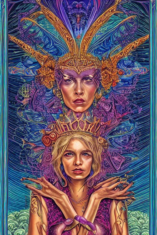 Prompt: beautiful tarot card of the queen of dreams by carol bak and alex grey and dan mumford, oil on canvas, intricate, border, symmetrical, portrait, 8k highly professionally detailed, HDR, CGsociety