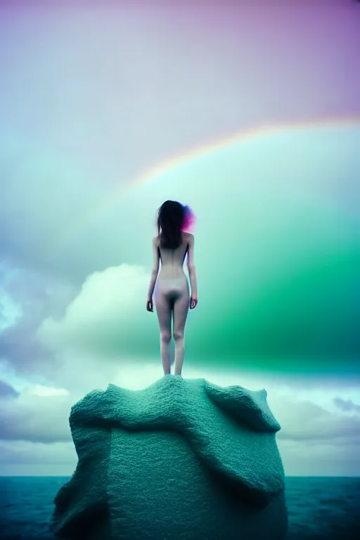 Image similar to high quality pastel coloured film close up wide angle photograph of a model wearing clothing swimming on cloud furniture in a icelandic black rock!! environment in a partially haze filled dreamstate world. three point light, rainbow. photographic production. art directed. pastel colours. volumetric clouds. pastel gradient overlay. waves glitch artefacts. extreme facial clarity. 8 k. filmic.