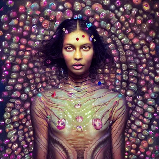 Prompt: a close - up shot of a brown woman wearing a luminous armor made of 5 0 neon jelly fishes. surrounded by jelly fishes. soft lighting. fragile. haunting eyes!! coherent face!! no makeup!! muted colors. by ray caesar. by louise dahl - wolfe. by andrea kowch. by anna claren. surreal photography