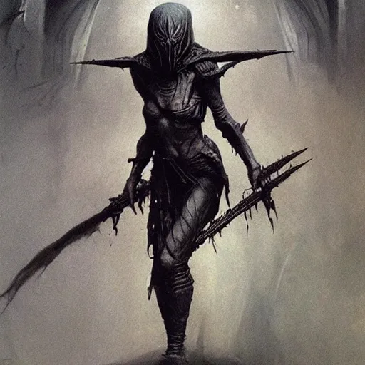 Prompt: dark elf assassin concept art, beksinski