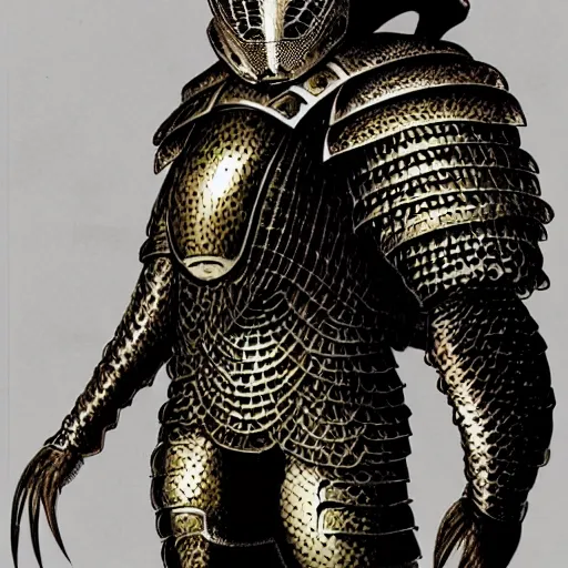 Image similar to a humanoid Pangolin armored knight with metallic armor that looks similar to a pangolin and biotechnology mesh