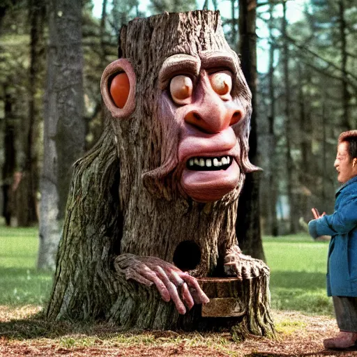 Prompt: the legend of Big Sir monster talking to a tree stump that has the face of Gilbert gottfried, film still