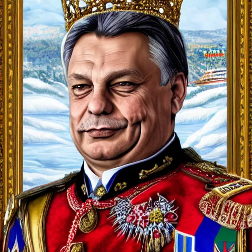 Prompt: an extremely realistic portrait depicting the coronation of hungarian prime minister viktor orban dressed in royal national costume, on the frozen danube, detailed, intricate, elegant, fat, highly detailed, digital painting, artstation, concept art, smooth, sharp focus, illustration,