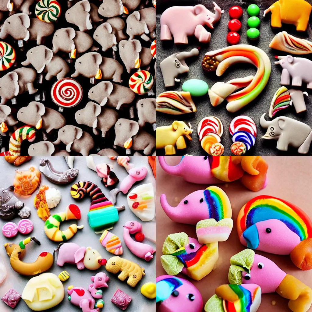 Prompt: Perfect food photography beautiful delicious, candy in the shape of an elephant