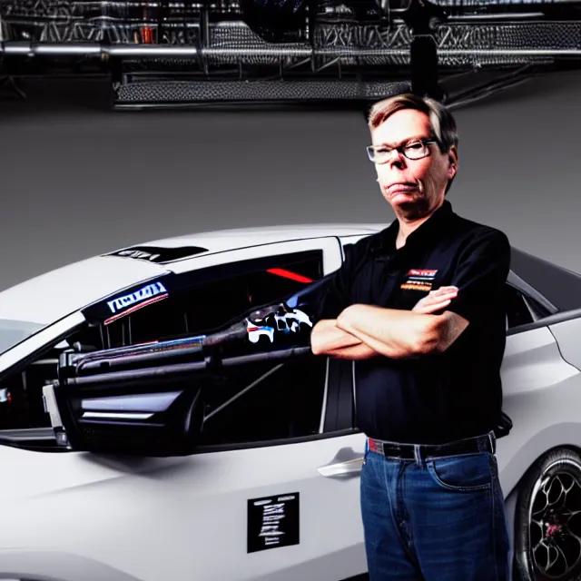 Image similar to a photo of bob lazar standing by honda civic drift spec car, cinematic lighting, detailed symmetrical face, photorealistic, highly detailed