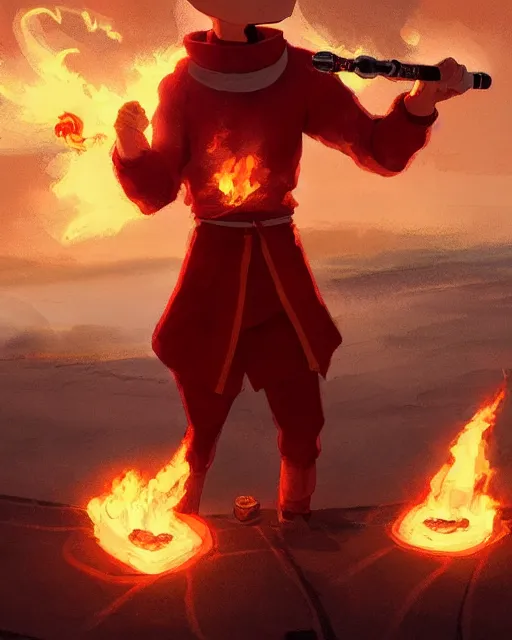 Image similar to squidward wearing fire nation clothing and practicing firebending outside at susnset, [ [ [ [ [ [ [ [ greg rutkowski ] ] ] ] ] ] ] ]