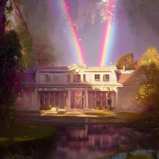 Image similar to mansion made of rainbows!!! and crystal, ethereal, reflections, rays of light, by greg rutkowski, trending on artstation, highly detailed