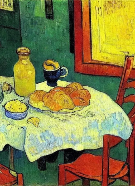 Image similar to good morning, artist painting on a canvas showing breakfast, painting by vincent van gogh, paul gauguin