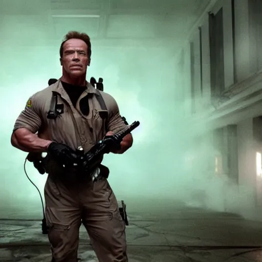 Image similar to stunning awe inspiring arnold schwarzenegger as a ghostbuster, movie still 8 k hdr atmospheric lighting