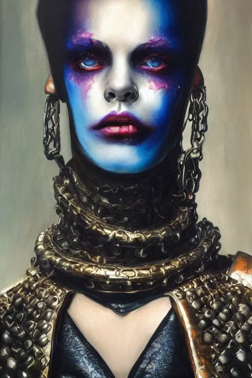 Image similar to hyperrealism oil painting, close - up portrait of punk gothic medieval brunette fashion model, knight, steel gradient mixed with nebula sky, in style of baroque