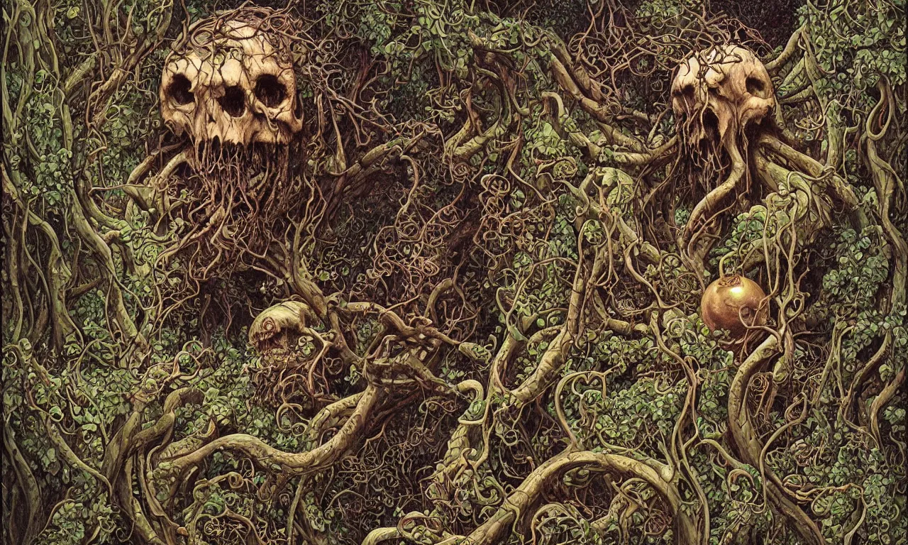 Prompt: hyperdetailed art nouveau portrait of treebeard as a cthulhu eyeball skull dragon, by tim hildebrandt, simon bisley, and bill sienkiewicz, grim yet sparkling atmosphere, photorealism, night in the forest, thorns, vines, terror, wild, crazy, scary, horror, lynn varley, lovern kindzierski, steve oliff